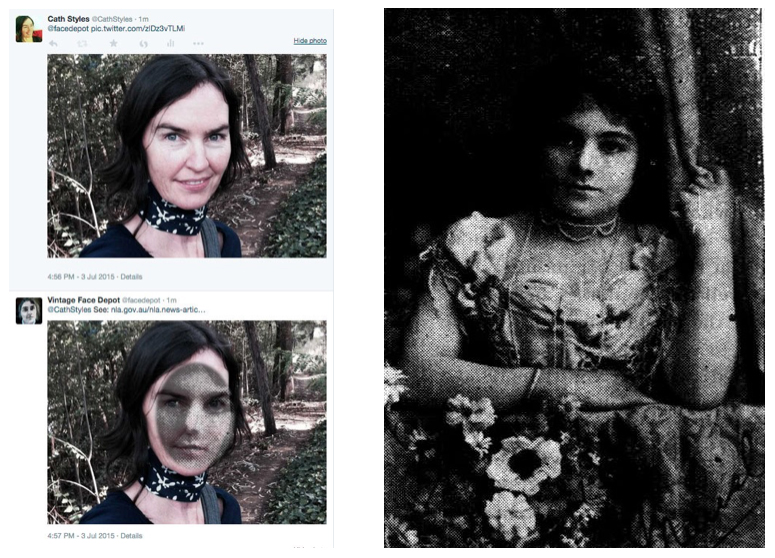A 'conversation' with the Vintage Face Depot Twitter bot, and the original image of 'Miss Muriel Wirth, an Equestrienne with the Wirth Circus', from the Adelaide Quiz, 11 December 1901